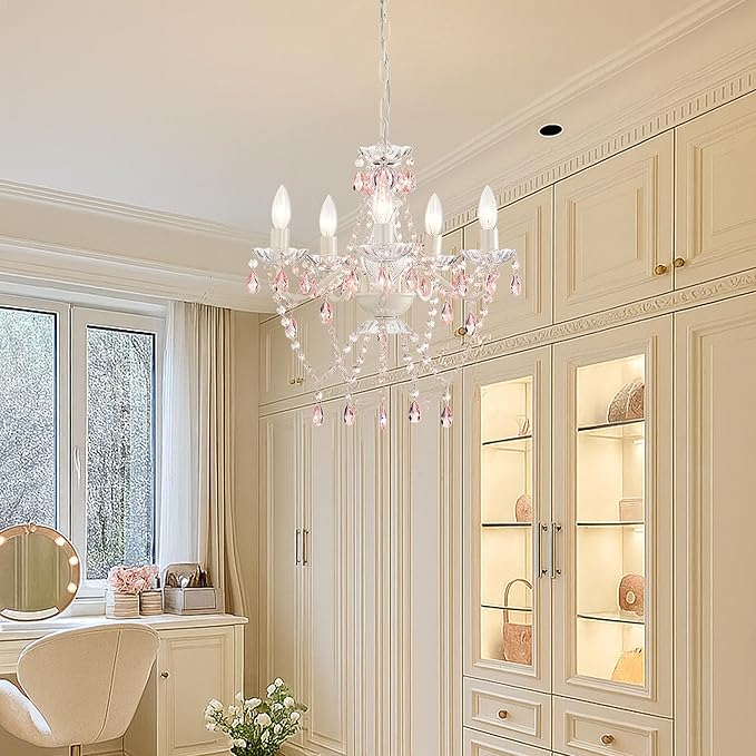 Small Pink and White Girls Bedroom Light – 5-Light Modern Acrylic Crystal Ceiling Fixture, Mini Chandelier for Kids Room, Dining Room, Living Room, Foyer