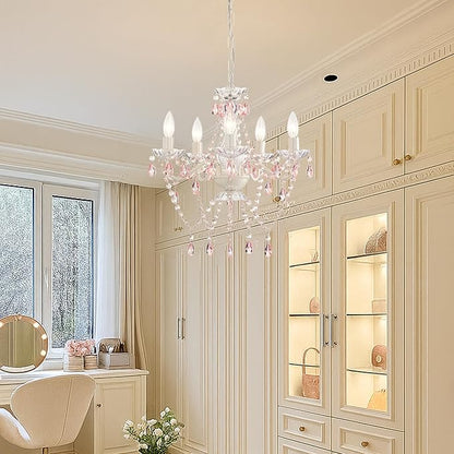 Small Pink and White Girls Bedroom Light – 5-Light Modern Acrylic Crystal Ceiling Fixture, Mini Chandelier for Kids Room, Dining Room, Living Room, Foyer