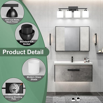 Black Bathroom Lighting Fixtures Over Mirror, 4-Light Anti-Rust Vanity Light for Bathroom, 24Inches Modern Wall Sconce, Standard E26 Base, Milky White Glass Shades, Bulbs Not Included
