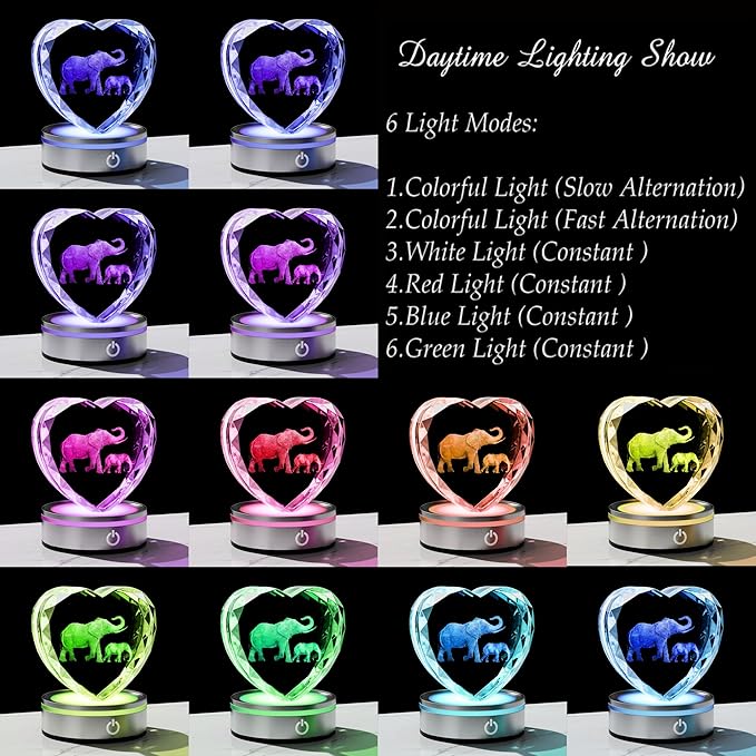 Qianwei Elephant Gifts for Women 3D Crystal Heart - Laser Elephant Decor Glass Animals Elephants Gifts Figurines Statue Stuff for Room Decorations Night Light