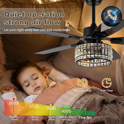 Chandelier Ceiling Fans with Lights and Remote,Caged Ceiling Fan with Light,App 5 Blades E26 Fandelier Ceiling Fans with Lights,Crystal Ceiling Fan for Bedroom,Living Room. (Black, 42 Inch)
