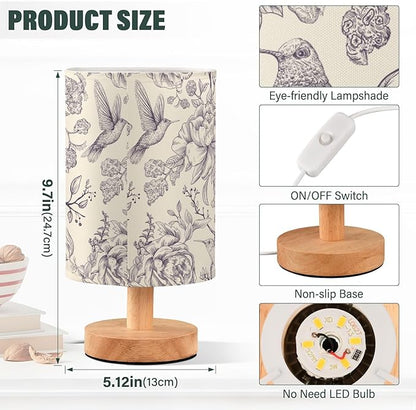Bedside Table Lamp Vintage Birds Flowers Florals Nightstand Lamp with Wood Desk Lamps for Bedroom Living Room Nursery Office Home Decor
