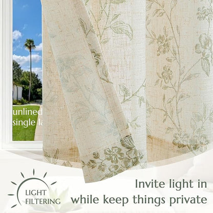 jinchan Floral Kitchen Curtains 36 Inch Linen Tier Curtains Farmhouse Cafe Half Window Drapes Over Sink Light Filtering Black on Beige for Living Room Laundry Tie Top 2 Panels