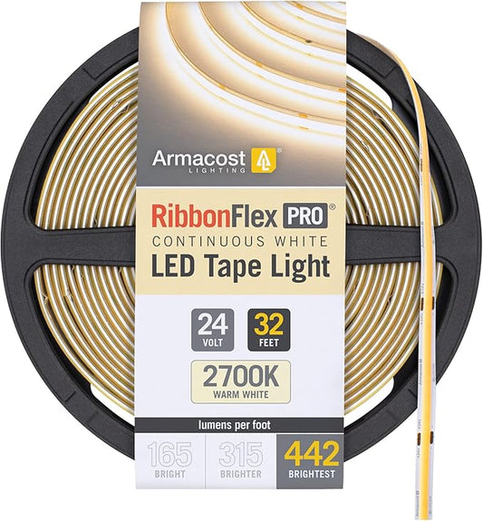 Armacost Lighting RibbonFlex Pro 24V White COB LED Strip Light Tape 2700K, 442 Lumens/Ft, 10M 173150