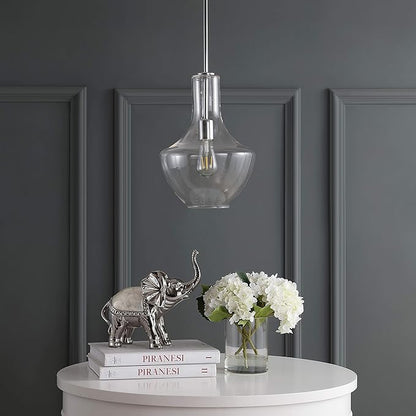 JONATHAN Y 10.5" Chrome Mid-Century Modern 1-Light LED Pendant Light Fixture, Adjustable Schoolhouse Hanging Lamp for Kitchen Island, Clear Glass Shade, LED Bulb Included JYL6400A