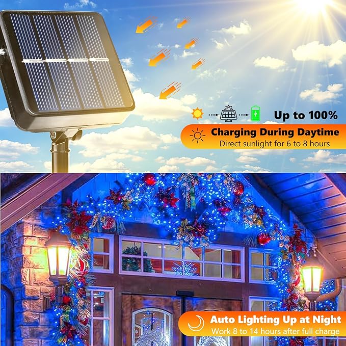 Joomer Solar String Lights, 39FT 100LED Solar Powered Outdoor Fairy Lights, Waterproof 8 Modes Twinkle String Lights for Garden Patio Yard Tree Wedding Christmas Decor (Blue)