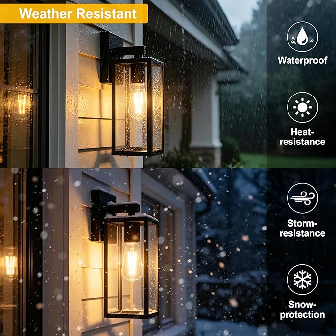 Kalium Porch Lights Outdoor Wall Light Fixture 2pcs, Matte Black, Wall Sconce 12.4 in, Toughened Frame, Clear Glass Shade, Waterproof Lanterns, for Patio, Exterior, Front, Door, Entryway