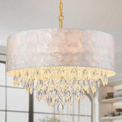 X-Large 6-Light Drum Capiz Shell K9 Crystal Chandelier, Coastal Style Pendant Light Fixture for Dining Room, Living Room, D24 * H24~70 Inch (Adjustable), Clear Crystal & Brass Finish