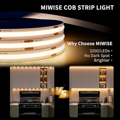 MIWISE COB LED Strip Light 32.8ft/10m,CRI 90+ Warm White 2700K High Lumen Dimmable Super Bright Flexible DC24V LED Tape Light with Controller/Dimmer,for Cabinet Home Office DIY Lighting Projects