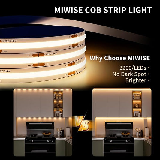 MIWISE COB LED Strip Light 32.8ft/10m,CRI 90+ Warm White 2700K High Lumen Dimmable Super Bright Flexible DC24V LED Tape Light with Controller/Dimmer,for Cabinet Home Office DIY Lighting Projects