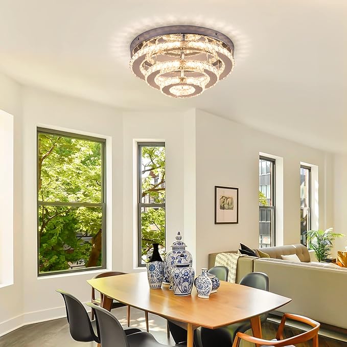 Modern Crystal Chandelier Round LED Ceiling Light Flush Mount Crystal Chandeliers for Dining Room Bedrooms Living Room, 42W, 3000 K Warm White