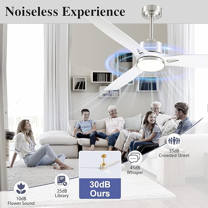 DIAMONDFORGE 52 Inch Ceiling Fans with Lights and Remote Control - Outdoor Indoor Flush Mount Low Profile Silver White Ceiling Fans for Living Room,Bedroom,Patio