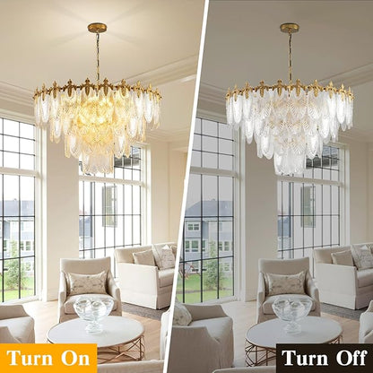 KELUOLY Modern Large Crystal Chandelier, 4-Layer Gold Glass Chandelier, 12 Light Round Antique Ceiling Pendant Light, 31.5 Inchs Adjustable Height for Foyer, Living Room, Bedroom, Dining Room
