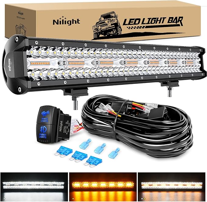 Nilight 20Inch Off-Road LED Light Bar, 420W 3 Lighting Modes (White/Amber/White&Amber) Driving Fog Light Spot Flood Lights with 16AWG Wiring Harness for Truck Car ATV SUV Jeep Boat