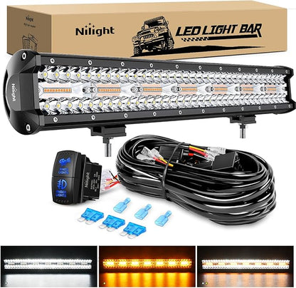 Nilight 20Inch Off-Road LED Light Bar, 420W 3 Lighting Modes (White/Amber/White&Amber) Driving Fog Light Spot Flood Lights with 16AWG Wiring Harness for Truck Car ATV SUV Jeep Boat