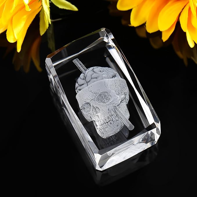 Qianwei 3D Crystal Skull Decor- Halloween Skull Light Witch Figurines Occult Medieval Goth Satanic Home Desk Glass Skull Decor Witchy Gifts Horror Lilith Statue