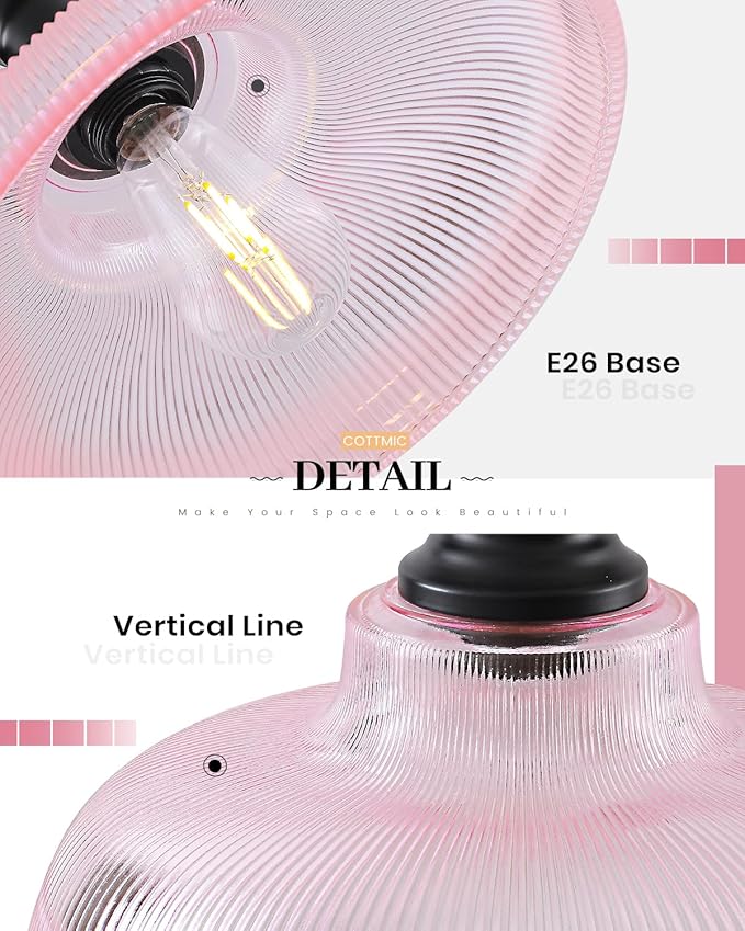 Pink Glass Pendant Lights Kitchen Island, 12in, Ribbed Glass Kitchen Pendant Lights Fixture, Farmhouse Pendant Lighting for Dining Room Bedroom Bar Sink, 1 Pack