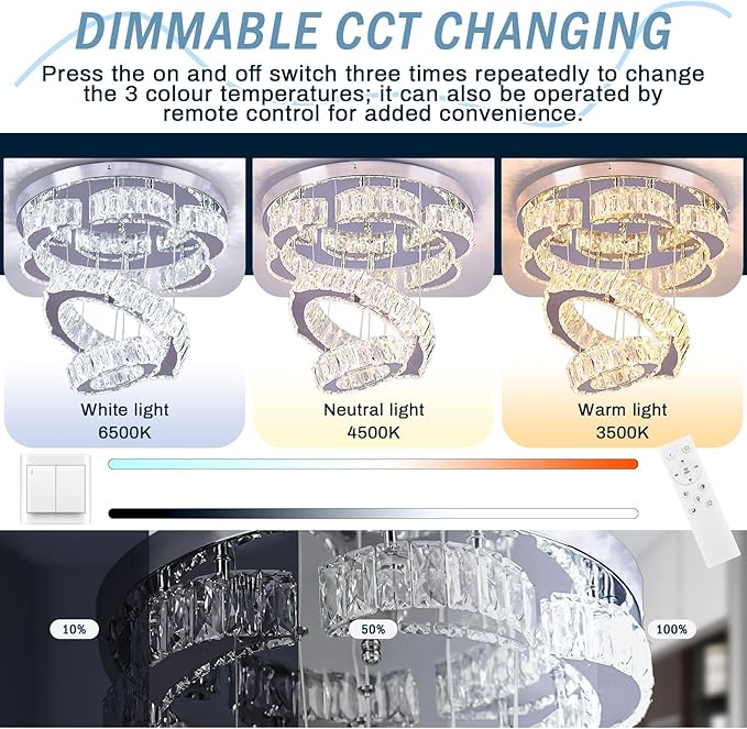 15.7" Modern Crystal Chandelier with Remote 2 Rings Round Flush Mount Ceiling Light Flower LED Dimmable Chandeliers for Bedroom Living Room Dining Room Dimmable