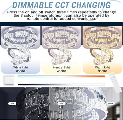 15.7" Modern Crystal Chandelier with Remote 2 Rings Round Flush Mount Ceiling Light Flower LED Dimmable Chandeliers for Bedroom Living Room Dining Room Dimmable