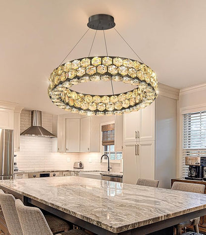 Modern Crystal Chandelier Ring Chandeliers for Dining Room Living Room Round LED Dimmable Ceiling Light Fixture for Bedroom Hallway Foyer Black