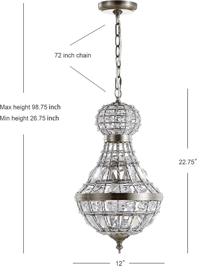 JONATHAN Y 12" Antique Brass/Clear Regina Empire LED Pendant Light, Glam Adjustable Hanging Chandelier for Dining Room Kitchen Foyer, Clear Crystal Shade, LED Bulb Included (JYL6109A)