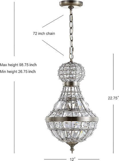JONATHAN Y 12" Antique Brass/Clear Regina Empire LED Pendant Light, Glam Adjustable Hanging Chandelier for Dining Room Kitchen Foyer, Clear Crystal Shade, LED Bulb Included (JYL6109A)