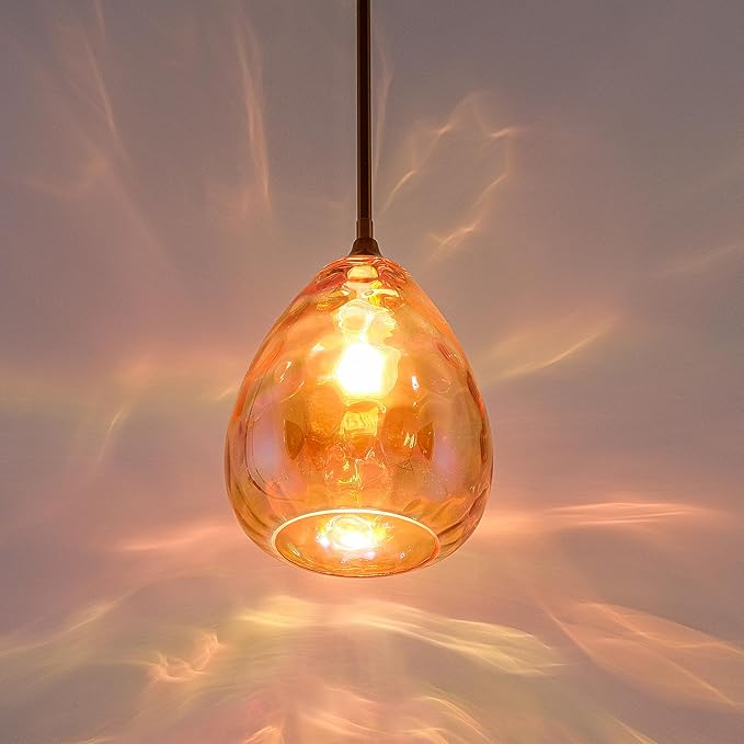 Colorful Amber Hammered Glass Pendant Light with Brass Gold Accent, Adjustable Hanging Lamp for Kitchen, Dining Room, and Living Room