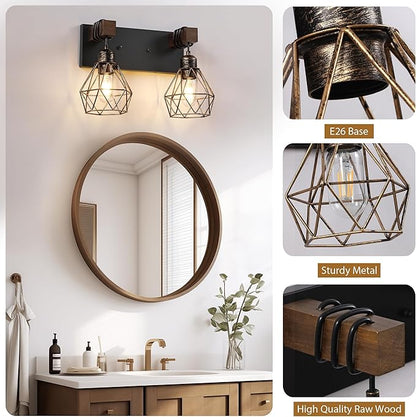 Farmhouse Vanity Light for Bathroom, 2-Light Black Gold Wood Bathroom Vanity Light Fixtures Over Mirror, Rustic Sconces Wall Lighting with Metal Lampshade for Living Room, Bedroom, Hallway