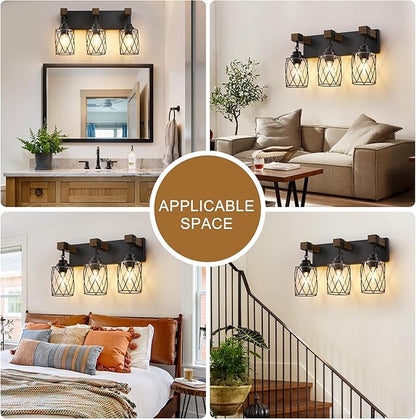 Farmhouse Bathroom Light Fixtures, 3 Light Bathroom Vanity Light with Metal and Glass Lampshade, Wood Rustic Lighting Fixtures Over Mirror, Black Wall Sconces for Living Room, Bedroom