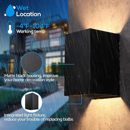 LEONLITE LED Square Up Down Wall Lights Outdoor, CRI90+, 120V, ETL Listed Modern Porch Light, Wet Location, 8.07 Inch Indoor Matte Black Wall Sconce, 10W 844LM 3000K Warm White, Pack of 2