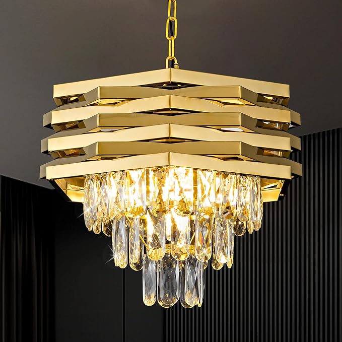 15.75" Gold Crystal Chandelier 5-Light Modern Crystal Pendant Light 3-Tier Luxury K9 Hanging Dining Room Lighting Fixtures for Bedroom Living Room Office Hallway Foyer Entryway Kitchen Sink