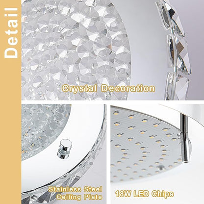 Flush Mount Ceiling Light LED Crystal Ceiling Light Fixture Modern 13 Inch Kitchen Lighting Fixtures Ceiling for Bedroom, Hallway, Porch, Dimmable and 3 Color Change
