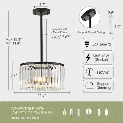 Modern 12" Black Semi Flush Mount Crystal Ceiling Light Fixtures for Dining Room Luxury Glam 2-Light Small Chandeliers Lighting for Bedroom Entryway Hallway Living Room Kitchen Island Foyer