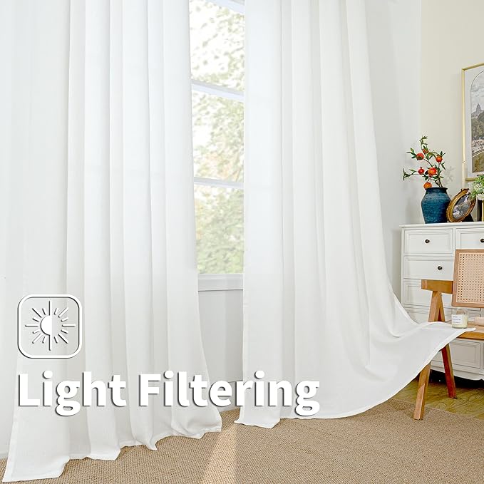 BGment White Sheer Linen Curtains for Living Room - 72 Inch Long Burlap Textured Light Filtering Window Treatments Grommet Drapes for Farmhouse, 2 Panels, 52 x 72 Inch