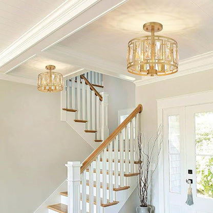 Gold Semi Flush Mount Ceiling Light, 3-Light Modern Brass Ceiling Fixture with K9 Crystals, Bedroom Light Fixture, Semi Flush Mount Ceiling Lights