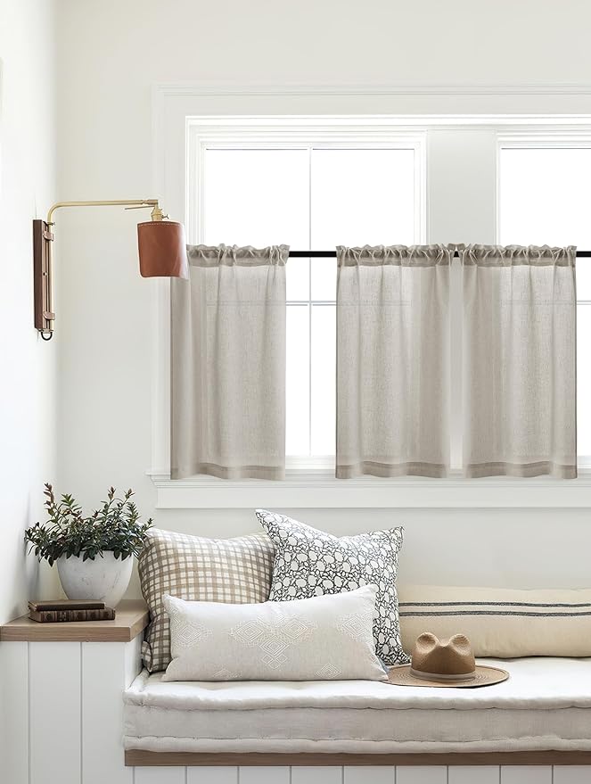 Linen Kitchen Curtains 24 Inch Length Farmhouse Cafe Curtains Light Filtering Semi Sheer Half Drapes for Bathroom Basement RV Small Windows Rod Pocket 2 Panels Burlywood Birch