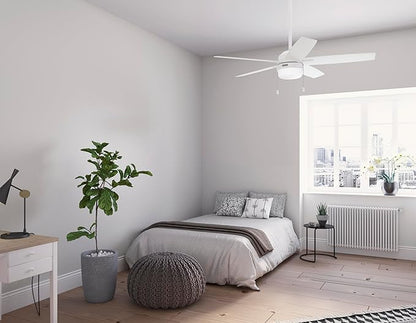 Hunter 52 inch Indoor Ceiling Fan with LED Light - White Ceiling Fan with Pull Chain, for Bedroom or Living Room, Standard Mount, No Remote, 5 Blades, Includes Bulbs - Anisten 52487, Fresh White