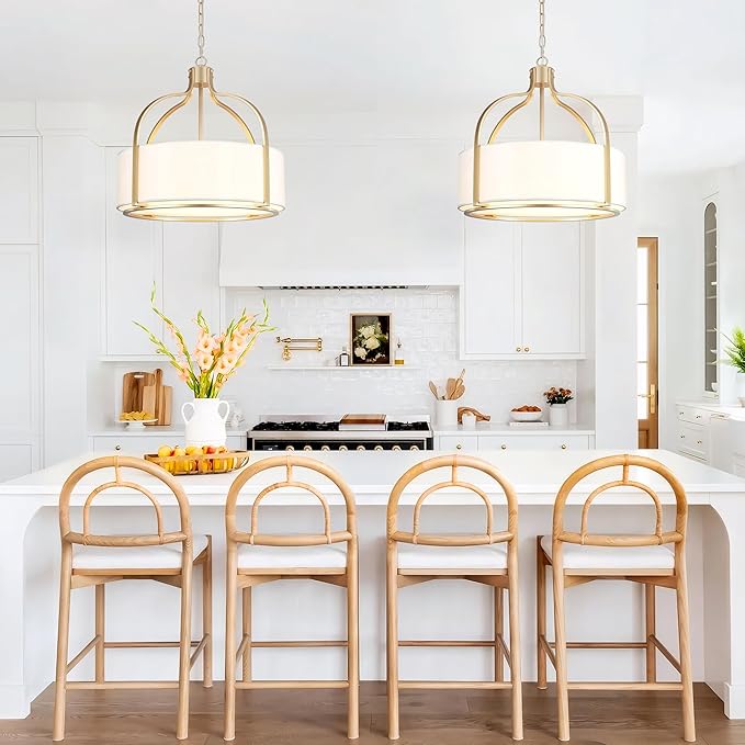 20.5'' Gold Drum Chandelier Light Fixture, 5-Light Large Modern Farmhouse Chandeliers for Dining Room Gold Drum Hanging Pendant Light with White Fabric Shade for Kitchen Living Room Foyer Bedroom