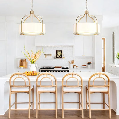 20.5'' Gold Drum Chandelier Light Fixture, 5-Light Large Modern Farmhouse Chandeliers for Dining Room Gold Drum Hanging Pendant Light with White Fabric Shade for Kitchen Living Room Foyer Bedroom