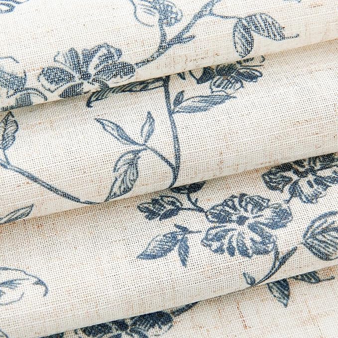 jinchan Floral Kitchen Curtains 54 Inch Linen Tier Curtains Farmhouse Cafe Half Window Drapes for Small Windows Light Filtering Blue on Beige for Living Room Bathroom Back Tab 2 Panels