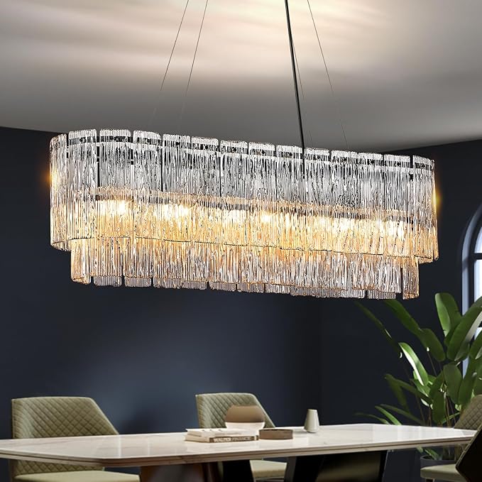 CATINER Black Rectangle Chandeliers for Dining Room Modern Crystal Glass Island Light 6-Light Chandelier Luxury Rectangular Linear Hanging Pendant Light Fixture for Kitchen L35.5”