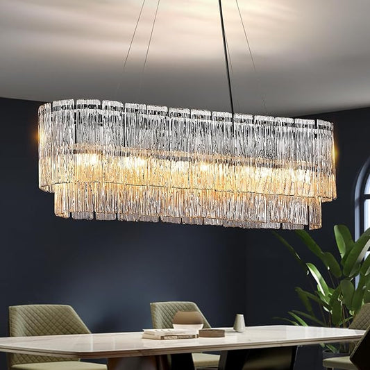 CATINER Black Rectangle Chandeliers for Dining Room Modern Crystal Glass Island Light 6-Light Chandelier Luxury Rectangular Linear Hanging Pendant Light Fixture for Kitchen L35.5”