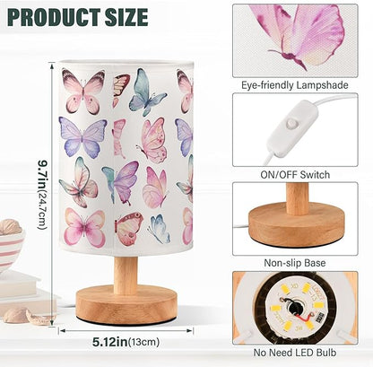 Table Lamp Colorful Butterflies Pink Blue Butterfly Nightstand Lamp with Wood Base Fabric Lamp Shade Bedside Desk Lamp for Living Room Bedroom Kids Room Office