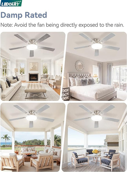 52 Inch Ceiling Fan with Lights and Remote, 30W 12" LED Panel Flush Mount Ceiling Fan, 6-Speed Quiet DC Motor Modern Low Profile Ceiling Fan with Reversible Blades for Bedroom, Living Room, Patio