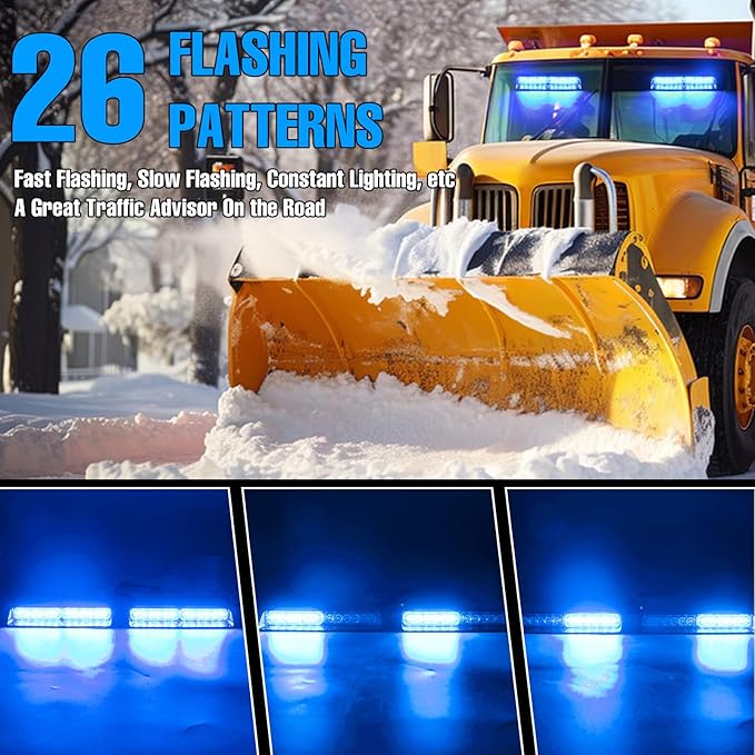 2-in-1 Blue LED Warning Dash Windshield Strobe Lights, 26 Modes 12/24V Emergency Traffic Advisor 2 x 8.4 Inch Car Front/Rear Dash Windshield Strobe for Trucks Vehicles Snow Plow