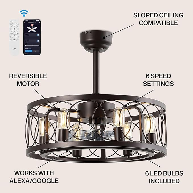 JONATHAN Y 21.6" Oil Rubbed Bronze 6-Light Caged Ceiling Fan with Lights, 6-Speed Industrial Farmhouse Flush Mount Fan with Remote and App Control, Metal Cage Shade, 6 LED Bulbs JYL9732A