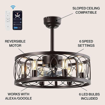 JONATHAN Y 21.6" Oil Rubbed Bronze 6-Light Caged Ceiling Fan with Lights, 6-Speed Industrial Farmhouse Flush Mount Fan with Remote and App Control, Metal Cage Shade, 6 LED Bulbs JYL9732A