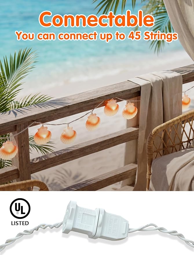 SUNSGNE 8.5FT LED Summer Seashell String Lights, 10 Textured Translucent Shell Beach String Lights with White Wire, Connectable Outdoor Indoor Decor for Summer Beach Theme, Pool Party, Ocean Bathroom