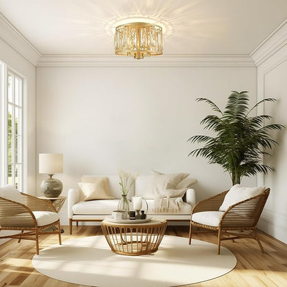Crystal Flush Mount Ceiling Light, Gold Hallway Lights Ceiling Mounted Small Flush Chandelier for Bedroom Foyer