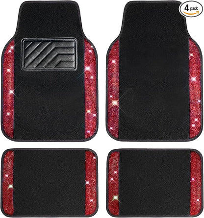 CAR PASS Bling Diamond Car Floor Mats, Shining Rhinestone Carpet Sparkly Glitter Crystal with Anti-Slip PVC Heel Pad Waterproof Universal Fit Automotive SUV,Sedan,Van,Cute Girl Women,4pcs Black Red
